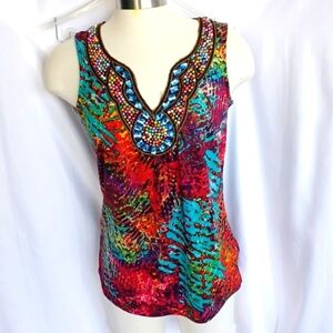 7 Wonders Beaded RhinestoneTank Top Sz  EUC, 19" PTP, 22" L